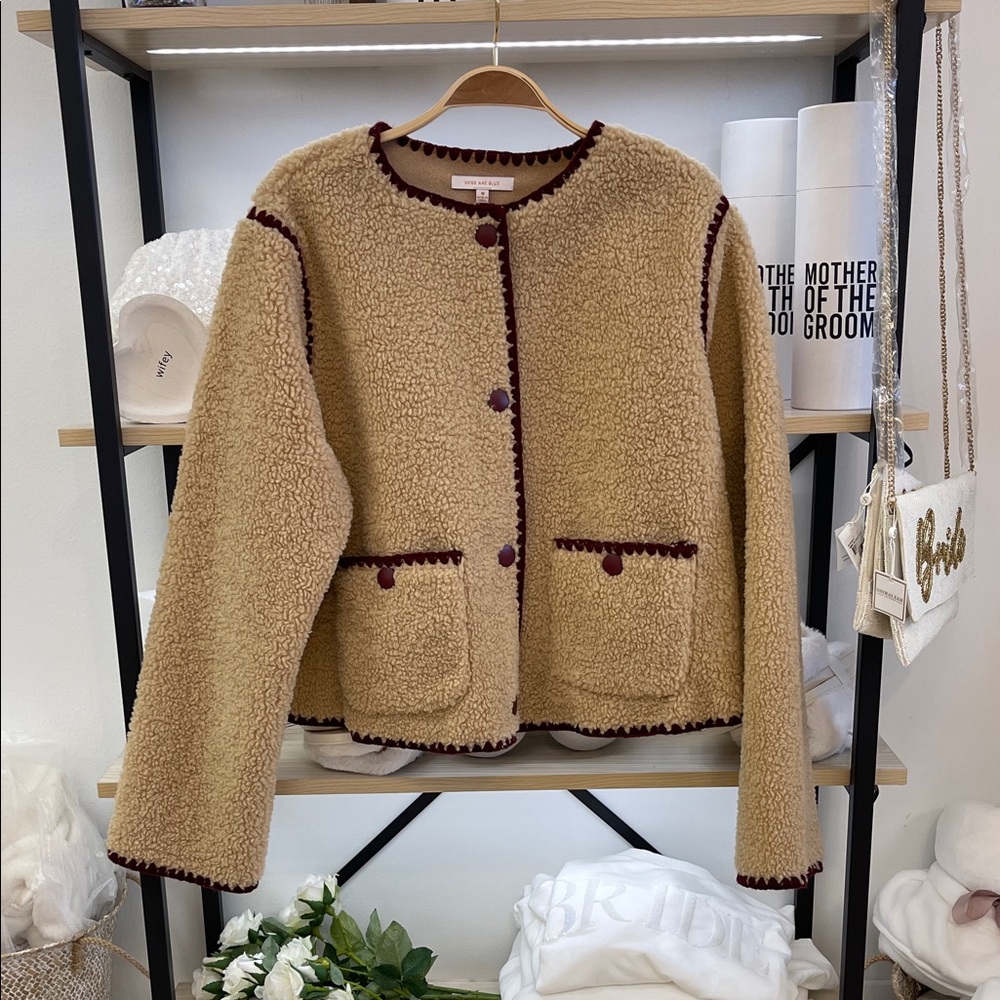 Skies Are Blue Beige Teddy Jacket with Burgundy Trim